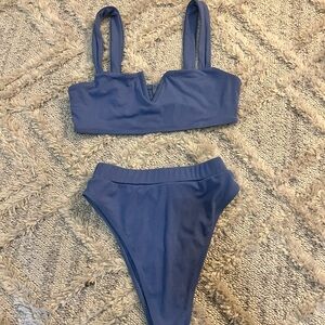 Lulus Ribbed V-Notch Bikini Set in Slate Blue